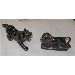 2 BLACK GLAZED CAT ORNAMENTS WITH GREEN GEM EYES