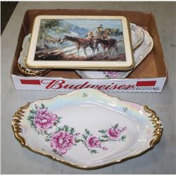 ANTIQUE FLAT WITH MARKED CHINA DELI DISHES AND 5