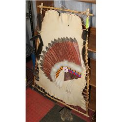 NATIVE ART ON DEER HIDE & DIAMOND WILLOW FRAME