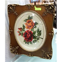 VINTAGE ROSE NEEDLE POINT PICTURE WITH DOMED GLASS