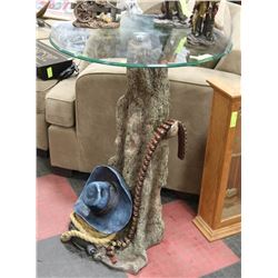 TALL COWBOY THEMED BAR TABLE WITH GLASS TOP