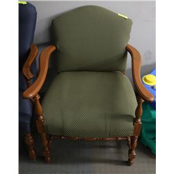 GREEN FABRIC AND WOOD SIDE ARM CHAIR
