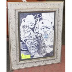 19"X16" BLACK & WHITE PEN ART FRAMED.