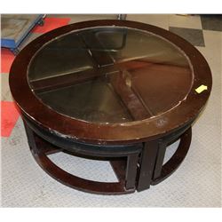 GLASS TOP COFFEE TABLE AND 4 STOOLS