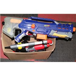 3 ASSORTED NERF GUNS WITH AMMO.