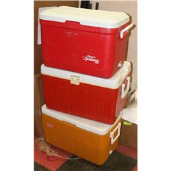 GROUP OF 3 COLEMAN COOLERS 24" X 13" X 14"