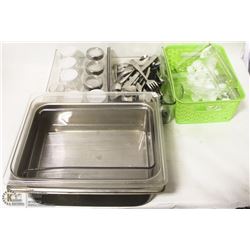 BOX W/ PLASTIC STORAGE BINS, GLASS SPICE