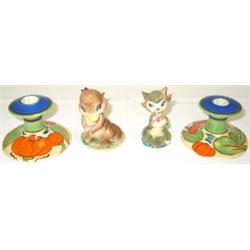 Pair of 1920's Clarice Cliff 'Fantasque' 'Lily' pattern candlesticks