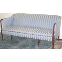 Early C20th Regency style mahogany canape with later blue striped upholstery &