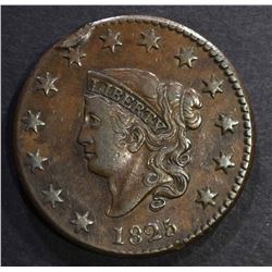 1825 LARGE CENT, XF/AU rim hit & a little bent