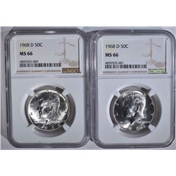 2-1968-D  KENNEDY HALF DOLLARS, NGC MS-66
