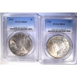 (2) 1923 PEACE SILVER DOLLARS, PCGS MS-64