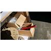 Image 1 : WOODEN BOX OF BOLTS AND NUTS AND PIPE WRENCH AND SMALL PLASTIC CARD HOLDERS