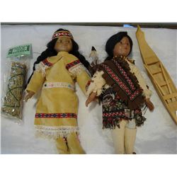 2 FIRST NATIONS DOLLS, CARVED CANOE, AND CEDAR SMUDGE