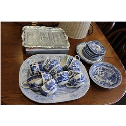 LOT OF WILLOW PATTERN DINNER WARE AND 2 CRYSTAL SERVING TRAYS