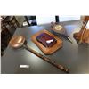 Image 1 : WOODEN TRAYS AND BELLOWS AND COPPER BED WARMER