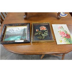TWO OIL PAINTINGS AND REVERSE ROSE PAINTING IN FRAMES