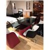 Image 1 : NEW MODERN GLASS TOP WITH PINK BASE DINING TABLE AND 3 PINK AND WHITE LEATHER CHAIRS RETAIL $2600