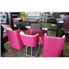 Image 2 : NEW MODERN GLASS TOP WITH PINK BASE DINING TABLE AND 3 PINK AND WHITE LEATHER CHAIRS RETAIL $2600