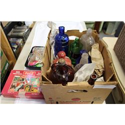 BOX OF VINTAGE BOTTLES AND COKE PUZZLE AND PINS