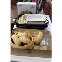 TWO PIECE HEAVY CERAMIC COOK PANS AND MISC KITCHEN WARESTWO PIECE HEAVY CERAMIC COOK PANS AND MISC