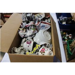 BOX OF CHINA CUPS AND BOX OF CRYSTAL
