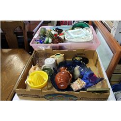 TOTE OF POTTERY, ART GLASS, AND GLASSWARE