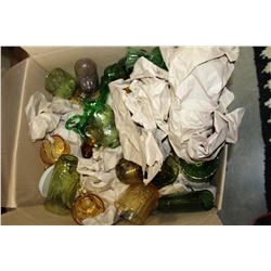 LARGE BOX OF VINTAGE COLORED GLASSWARE