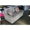 Image 2 : NEW ASHLEY FURNITURE BEIGE CONTEMPORARY LOVE SEAT W/ NAILHEAD ACCENT - RETAIL $1,299