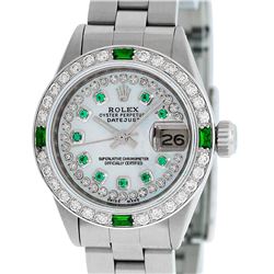 Rolex Ladies Stainless Steel MOP Emerald & Diamond Datejust Wristwatch