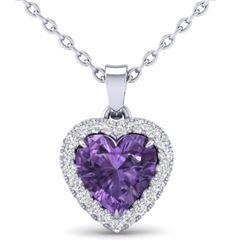 1 CTW Amethyst & Micro VS/SI Diamond Heart Necklace Heart Halo 14K White Gold - REF-28T4M - 21333