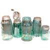 Image 1 : Fruit jars & churn (5); The Marion Jar 1/2 gal. aqua fruit jar, Mason's Patent Nov. 30th 1858, groun