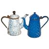 Image 1 : Blue & white granite ware gooseneck teapots (2); 2 cup size, both VG condition, 7" & 7.5"H. 