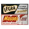 Image 1 : Mason's Root Beer & Legra embossed tin signs, both VG condition, by Stout Sign Co.-St. Louis, 29.5"W
