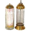 Image 1 : Straw dispensers (2); both glass w/metal (gold colored) lids, older one has knob that lifts insert t