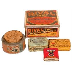 club chewing tobacco tin Tobacco tins (5); Rival Chewing Tobacco, Honest Labor Cut Plug, Maryland Club Mixture, Blue Boar Rou club chewing tobacco tin Tobacco tins (5); Rival Chewing Tobacco, Honest Labor Cut Plug, Maryland Club Mixture, Blue Boar Rou