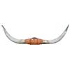 Image 1 : Long horned steer horns, tooled leather center, VG condition, 70"L.