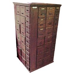 Revolving nut & bolt hardware cabinet, oak, 4 sided, makers tag w/1901 pat. date, VG condition, 26"