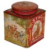 Image 1 : Stag Tobacco tin, great hunting scene graphics on sides & back, VG+ condition, 5"W x 6"H.