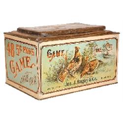 Game Fine Cut Tobacco bulk tin, mfgd. by Jno. J. Bagley & Co., Detroit, Mich., held 48 5 Cent pkgs.,