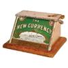 Image 1 : The New Currency 5 Cent Cigar cutter, stamped Brunhoff, cast metal frame w/glass insert on oak base,