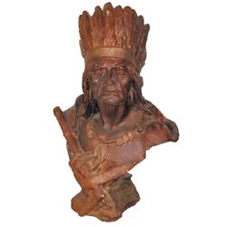 Chalkware Indian bust, full headdress, holding hatchet, bronze & gold paint, VG condition, 21"H.