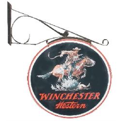 Winchester 2 sided hanging sign, litho on steel, complete w/hanger, metal has minor distortions, oth