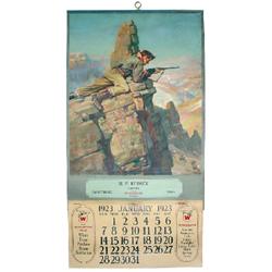 Winchester calendar, 1923 w/full pad, advertising M.F. Kerwick Hardware, Emmetsburg, IA, calendar to