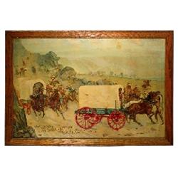 Mitchell Wagon advertising sign, litho on cdbd., "Compliments of Mitchell & Lewis Co.-Racine, Wis.,