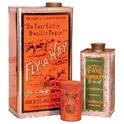 Fly-A-Way cattle tin, mfgd. by Gold Medal Food Co., Tunkhannock, PA., VG+ condition, V-Ava Spray tin