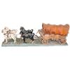 Image 1 : Miniature covered wagon & 4 horse team, wood wagon covered w/hide (has tears), plaster horses w/deta