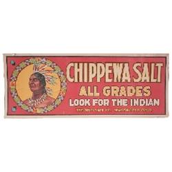 Chippewa Salt litho on paper sign, cameo of Chippewa Indian, The Ohio Salt Co., Wadsworth, Ohio, som