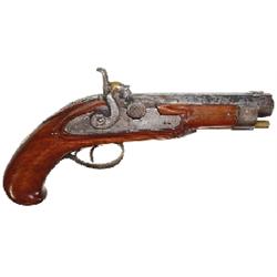 Percussion pistol, approx. 44 cal., 7.25" hex barrel w/pitting, stamped "Helms 14", refinished walnu