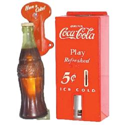 Coca-Cola door handle, metal w/plastic bottle, 1950's, VG condition, 8"H & Coca-Cola vending machine